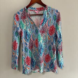 Lilly Pulitzer Odette Tunic Shirt Long Sleeve V-Neck Let Minnow XS